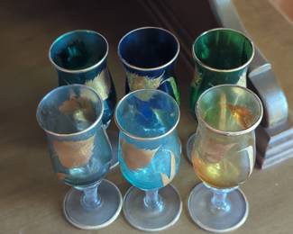 Set of 6 Vintage Amber, Blue, and Green Cordial Glasses with Gilt Decoration