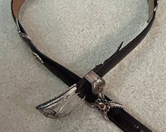 Brighton Black Leather Belt with Silver-Tone Embellishments