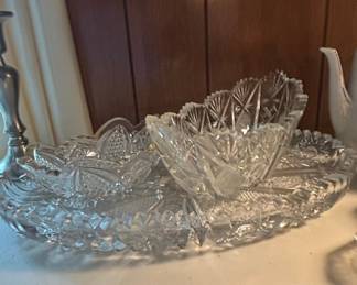 American Brilliant Cut Glass Serving Set - Platter and Bowl