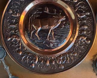 Vintage Embossed Copper Wall Plate with Stag and Forest Scene