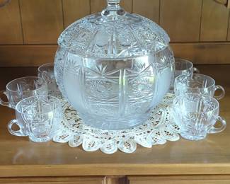 Cut Crystal Punch Bowl with Lid and 6 Glasses