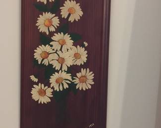 Elsie 1973 Daisy Painting on Wood Panel with Ladybug