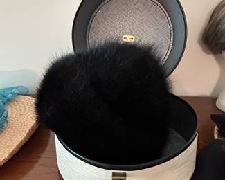 Vintage Black Fox Fur Pillbox Hat with Original Hat Box