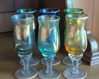 Set of 6 Vintage Amber, Blue, and Green Cordial Glasses with Gilt Decoration