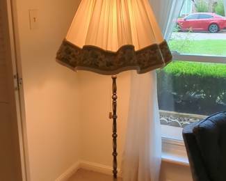 Vintage Brass Floor Lamp with Floral Trim Pleated Shade