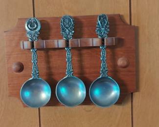 Vintage Pewter Spoon Set with Oak Leaf Motif on Wooden Plaque