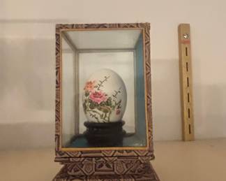 Vintage Hand-Painted Porcelain Egg in Carved Wooden Stand with Display Case