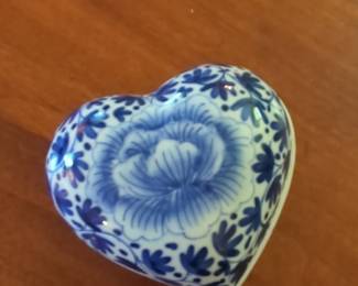 Blue and White Porcelain Heart Trinket Box - Delft Style