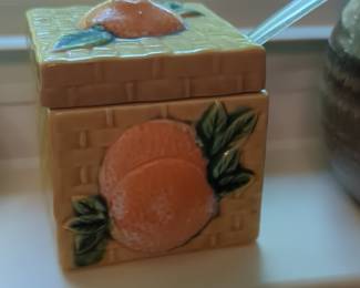 Ceramic Sugar Bowl with Peach Motif and Basket Weave Texture