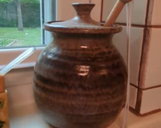 Handmade Stoneware Honey Pot with Wooden Dipper