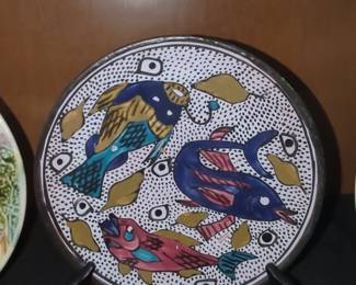 Hand-Painted Ceramic Plate with Fish and Bird Motif - Tunisian