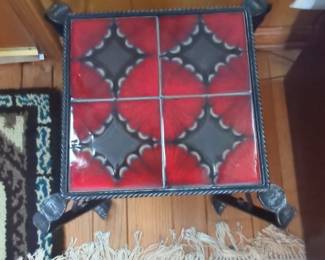 Vintage Wrought Iron Plant Stand with Red Quatrefoil Tiles