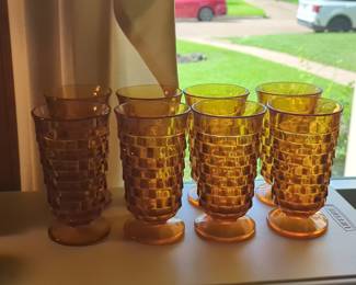 Set of 8 Indiana Glass Whitehall Cubist Amber Pedestal Tumblers