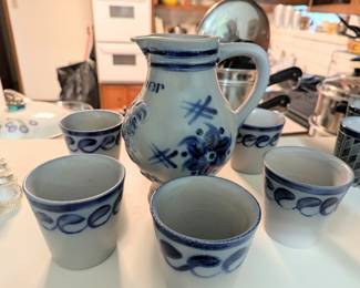 German "Blauer Bock" Apfelwein Stoneware Pitcher and Tumblers Set