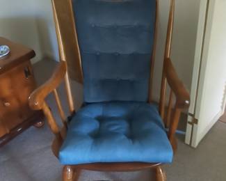 Wooden Rocking Chair with Blue Cushions