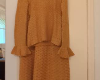 Vintage Ochre Crochet Knit Sweater and Skirt Set