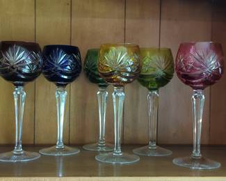 Set of 6 Bohemian Cut Crystal Cordial Glasses in Assorted Colors