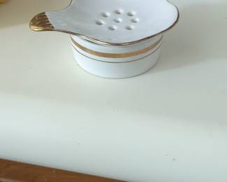 Vintage Porcelain Tea Strainer with Gold Trim