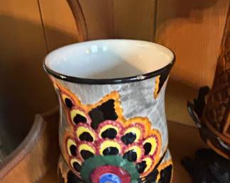 Hand-Painted Talavera Pottery Vase with Peacock Feather Motif