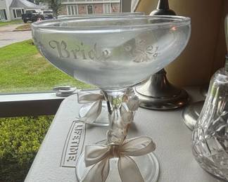 Bride and Groom Etched Glass Champagne Coupes