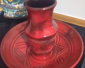 Red Ceramic Vase with Saucer - Ilkra Keramik
