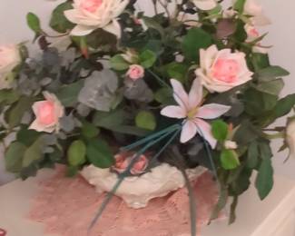 Capodimonte Style Faux Rose and Lily Arrangement in Ceramic Vase