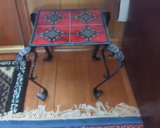 Vintage Wrought Iron Plant Stand with Red Quatrefoil Tiles
