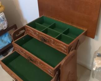 Vintage Hand-Carved Wooden Sewing Box with Drawers