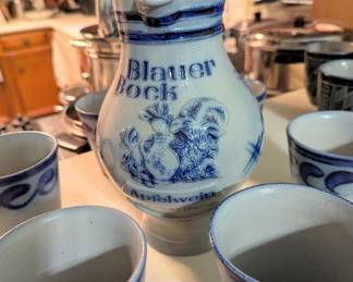 German "Blauer Bock" Apfelwein Stoneware Pitcher and Tumblers Set
