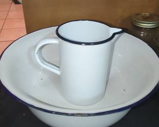 Vintage Enamel Wash Basin and Pitcher Set with Blue Rim