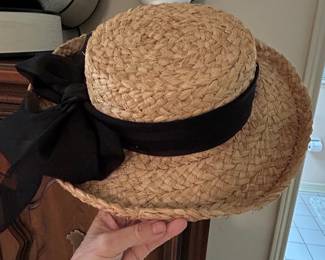 Vintage Straw Boater Hat with Black Ribbon and Decorative Band