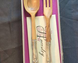 Olive Wood Salad Servers with Sterling Silver Handles - Wild Rose Pattern
