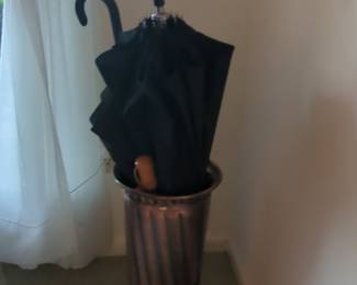 Vintage Copper Reeded Umbrella Stand with Two Umbrellas