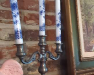 Pewter Candelabra with Blue and White Chinoiserie Taper Candles