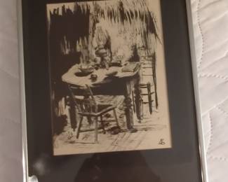 Ink Drawing of Interior Scene with Table and Chairs