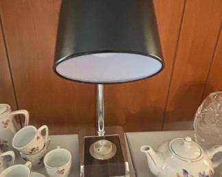 Vintage Chrome and Wood Grain Desk Lamp with Black Shade
