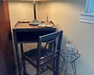 Art Nouveau Slag Glass Lamp, Small Wooden Desk & Chair
