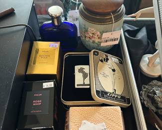 Vtg Jewelry Presentation Box, Zippo Lighter, Nakara Humidor Jar, Cast Monkey Business Card Holder