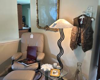 Decorative Mirror, Glass Side Table, Ralph Lauren Vest, Post Modern Memphis Style Wave Lamp, Recliner & Ottoman
