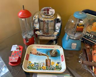 Vtg Candy Dispensers, Coca-Cola Metal Tray, Wooden Bottle Opener, Seeburg Wall-o-matic Jukebox