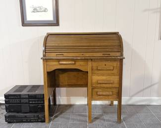 VTG Oak Tambour Roll Top Desk