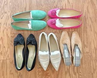 Talbots Stella Pompom Ballet Flats pink - Talbots green suede loafer flats - Black flats - M. Gemi The Stellato Sacchetto flats - Amy Gladstone mules
