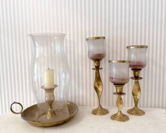 Vintage Brass Hurricane Holder - Set of 3 Graduated Brass Candlestick Holders Twisted Ribbon Stem