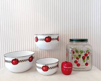 Vintage-style Glass Jar Ribbed Cherries - Country Fresh Apple Enamelware Nesting Mixing Bowls - Quick Cooking Apple Kitchen Timer