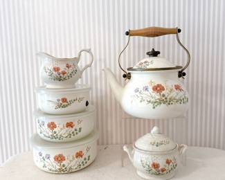 Mikasa Margaux Grande Chef enamel tea kettle, cream and sugar, and casserole bowls