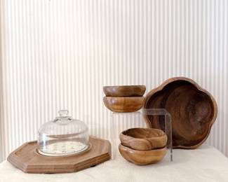 Dolphin Monkey-Pod Wood Flower Shaped Serving Bowl & Matching Bowls  - Octagon Cheese Tray w Glass Dome Lid 