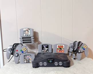Nintendo 64 console, controllers, and games
