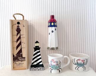 Cape Hatteras Lighthouse Wooden Hanging Wine Box - Sakura Coastal Breeze Lighthouse Spoon Rest - Ceramic Lighthouse Oil Vinegar Dispenser - Blue Crab Mug & Bowl