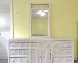Henry Link Lexington White Wicker Dresser with Mirror. This item is available for purchase pre-sale. It can be purchased on our website using this link: https://www.pureandsimplecarolinas.com/shop/cherryville