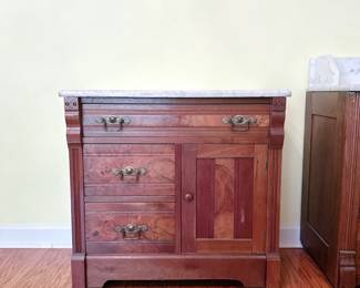 Antique Victorian Eastlake Walnut Marble Top Washstand. This item is available for purchase pre-sale. It can be purchased on our website using this link: https://www.pureandsimplecarolinas.com/shop/cherryville
